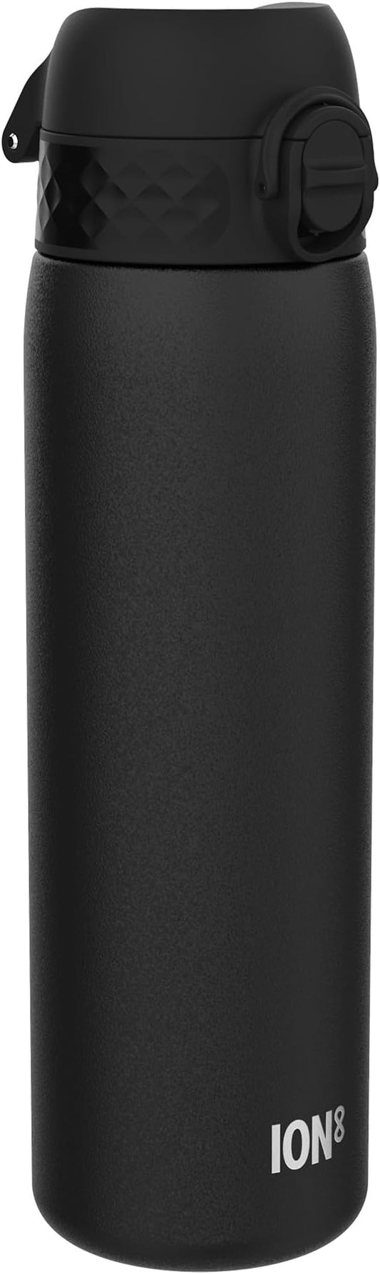 ION8 Steel Water Bottle, 600 ml/20 oz, Leak Proof, Easy to Open, Secure Lock, Dishwasher Safe, Hygienic Flip Cover, Fits Cup Holders, Carry Handle, Durable, Scratch Resistant, Carbon Neutral, Black