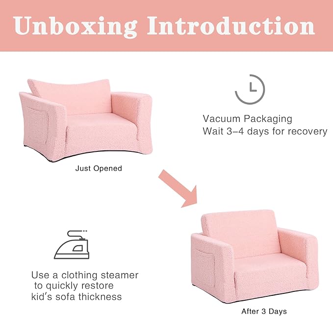 Tiita Kids Chair Couch, Folding Toddler Comfy Sofa Chairs, 2-in-1 Kids Plush Sofa Fold Out, Baby Armrest Chair Sofa to Lounger, Convertible Play Sofas to Bed for Girl or Boy, Pink