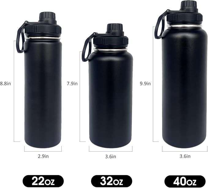 4pack 22 oz Insulated Water Bottle With Straw, Stainless Steel Sports Water Cup Flask with 2 Lids, Wide Mouth Travel Thermal Mug,Black