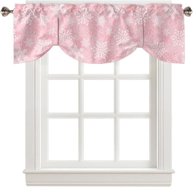 Christmas Blackout Tie Up Valance Curtains for Kitchen Windows Pink White Snowflakes Pattern Window Toppers Balloon Shades for Living Room/Bathroom/Bedroom,1 Panel, 54" X 18", Winter