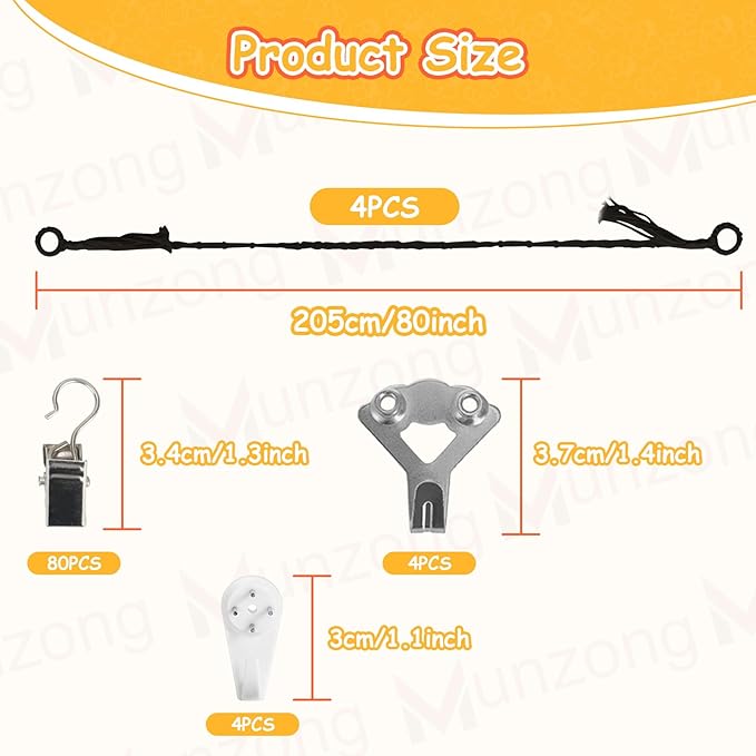 Stuffed Animal Storage Chain 80 Inch, Munzong 4pcs Black Hanging Stuff Animals organizer, Cotton Toy Display Chain with 80 Clips, Toys Organizers Holder for Toddler Kids Nursery Room Wall Corner Decor