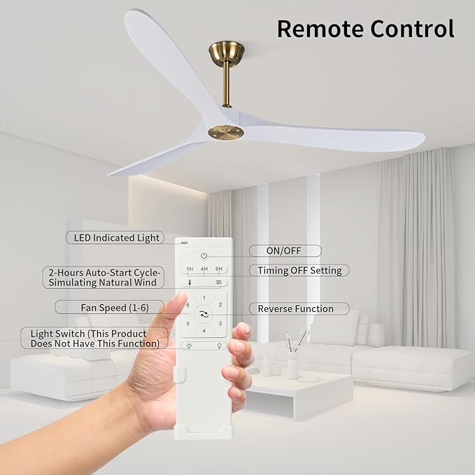 Bigzone 70" Large White Ceiling Fan With Remote Control, DC Motor Quiet Energy Saving,3 Black Balsa Wood Blades,Outdoor/Indoor Ceiling Fan With Reversible Blades