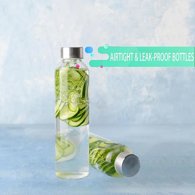 Glass Water Bottles,16 oz Clear Glass Bottles with Lids,Reusable Juice Bottles with Stainless Steel Cap,Portable Drinking Bottles for Soda Water,Kombucha