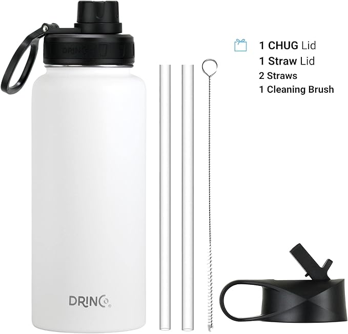 DRINCO Stainless Steel Water Bottle Spout Lid Vacuum Insulated Double Wall Water Bottle Wide Mouth (40oz 32oz 22oz 18oz 14oz) Leak Proof Keeps Cold or Hot (32 oz, 32oz Artic White)