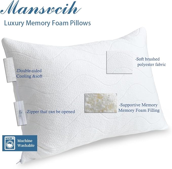 Memory Foam Pillows for Sleeping,Pillows Standard Size Set of 2 Adjustable Loft Bed Firm or Soft Pillows for Side, Back, Stomach, Hot Sleepers