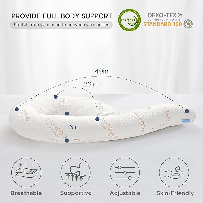 Body Pillow for Adults - Soft Long Bed Pillow Insert for Sleeping - Shredded Memory Foam and Removable Washable Cover - Swan Shaped Side Sleeper Pregnancy Pillow 49 Inch (Copper Color)