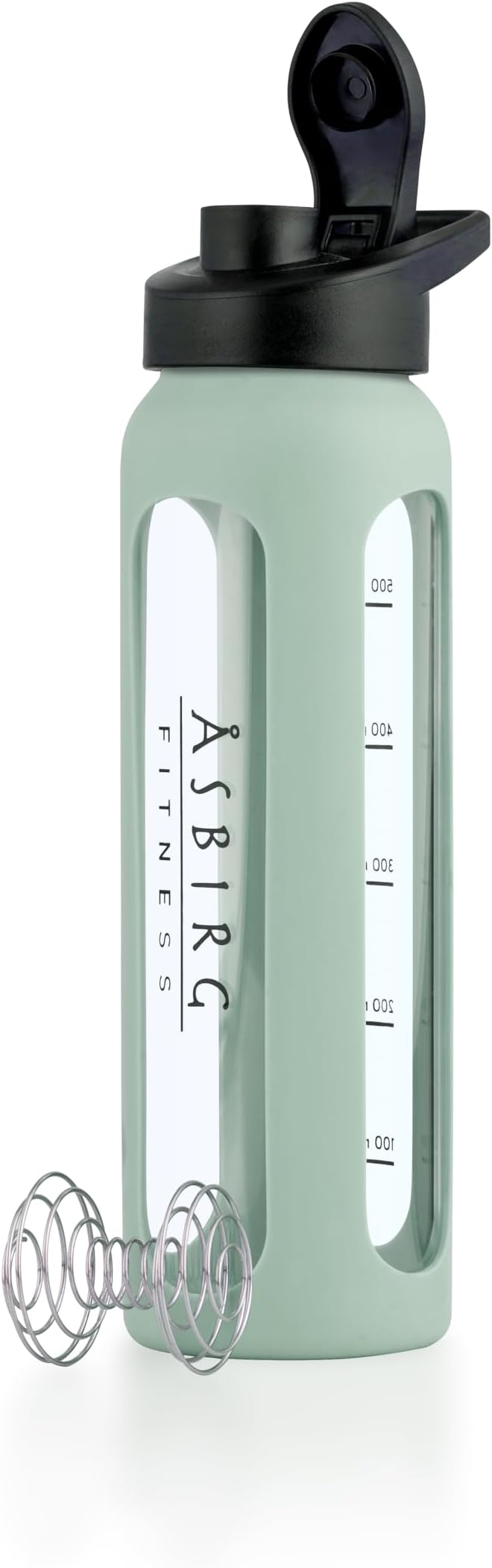 Fitness | Protein Shaker Made of Glass | Protein Shaker | Drinking Bottle | with Spiral Ball | Black (pastel green)