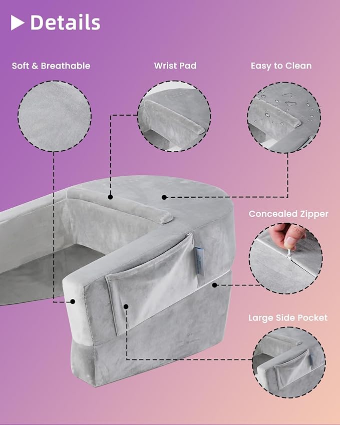 Weighted Idea Reading Pillow for Gaming, Meduim Gaming Pillow for Adult，Table Pillow with 2 Side Pockets for Gaming, Reading, Working Sitting in Bed Floor Sofa (Grey)