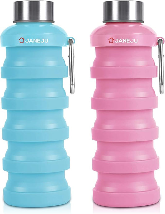 JaneJu Collapsible Water Bottle, 17oz BPA Free Silicone Reusable Portable Lightweight Foldable Water Bottles with Carabiner, Portable Leak Proof Sports Water Bottle (blue&pink)