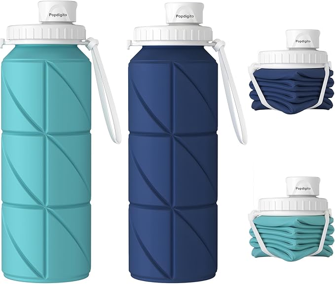 Collapsible Water Bottle 2pcs Foldable Silicone Travel Water Bottle Leakproof Flexible BPA Free Portable,Folding Water Bottle Lightweight for Camping, Hiking,Sports Travel Bottles 23oz