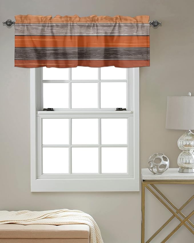 Farmhouse Kitchen Curtains Thanksgiving Fall Valances for Windows Burnt Orange Gray Rod Pocket Country Window Treatment for Kitchen /Living Room/Bedroom/ Bath,54" X 18" -1 Panel, Rustic Wood Texture