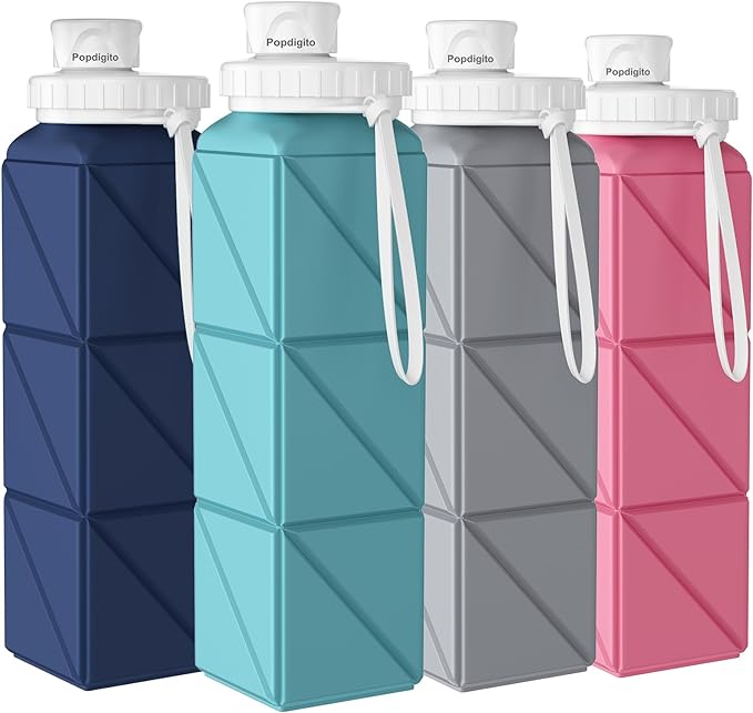 Collapsible Water Bottles 20.7oz Leakproof with Straw Lid Food-Grade BPA-Free Silicone Travel Foldable Water Bottles for Sports Office Gym Hiking Driving 610ML (Pink+Nave Blue+Green+Grey)
