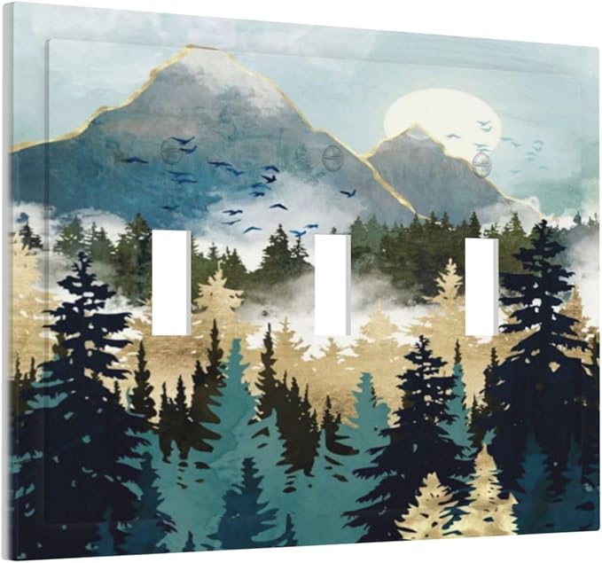 Boho Mountain Forest Abstract Sunset Sunrise Sun 3 Gang Light Switch Covers Triple Toggle Wall Plate Decorative Switchplate Electrical Faceplate for Country Bathroom Bedroom Decor