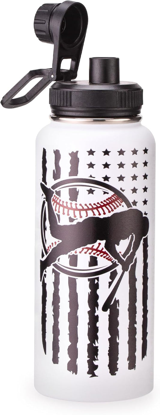 Cutiset 32 oz Baseball Water Bottle with Lids, Stainless Steel Leak Proof Sports Water Flask, Vacuum Metal Water Bottle,Baseball Player