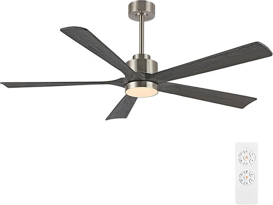 52" Modern Ceiling Fan with Lights and Remote Control, 5 Solid Wood Blades 6-Speed Noiseless Reversible DC Motor, Ceiling Fan for Bedroom Dinning Living Room, Nickel Finish with Wood Blades