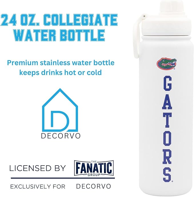 Florida Gators Water Bottle - White Double Walled Stainless Steel 24 oz Keeps Drinks Cold or Hot