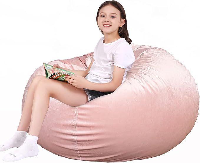 Lukeight Stuffed Animal Storage Bean Bag Chair Cover for Kids, Zipper Beanbag Chair Cover for Organizing Toddler and Kids' Rooms Plush Toys (Pink Velvet, X-Large)