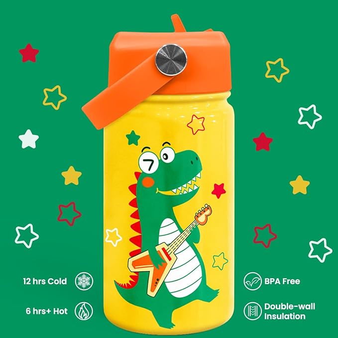Dinosaurs Water Bottle - Dino Kids Water Bottle with Straw Lid - 12 Oz Insulated Stainless Steel Water Bottles for Toddlers Kid Boys - Travel Cup for School Sports
