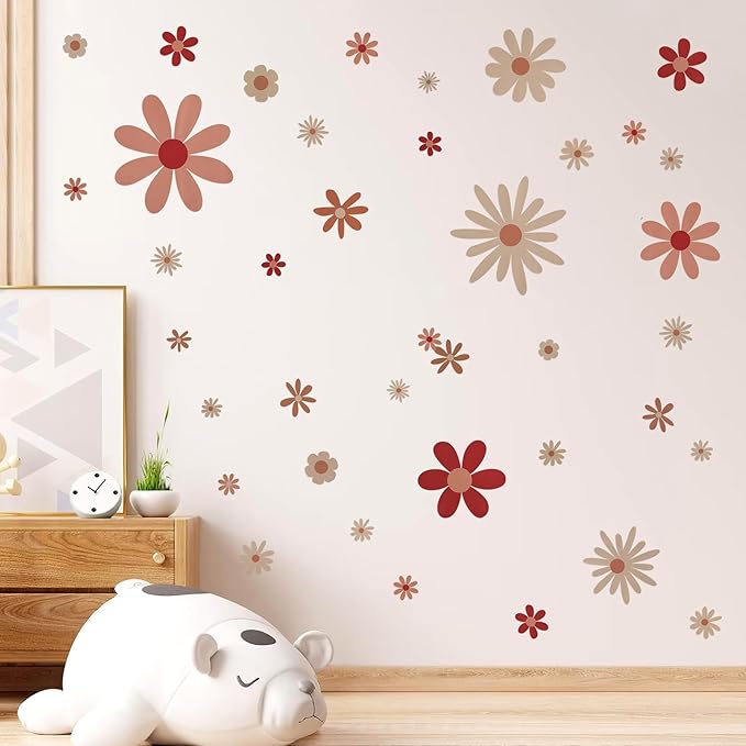 40pcs Daisy Wall Decals Boho Cute Vinyl Wall Decor Peel and Stick Floral Stickers for Girls Kids Nursery Bedroom Playroom Classroom Living Room Wall Art (4 Sheets, Classic)