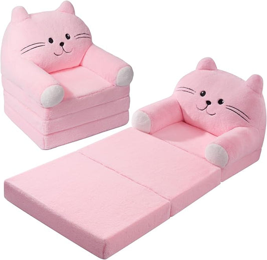 Kids Sofa Chair for Toddler, 2-in-1 Folding Soft Baby Couch with Removable Cover, Comfy Plush Children's Recliner, Convertible Floor Sofa Bed to Lounger for Girls Boys Age 1-3,Cat Pink