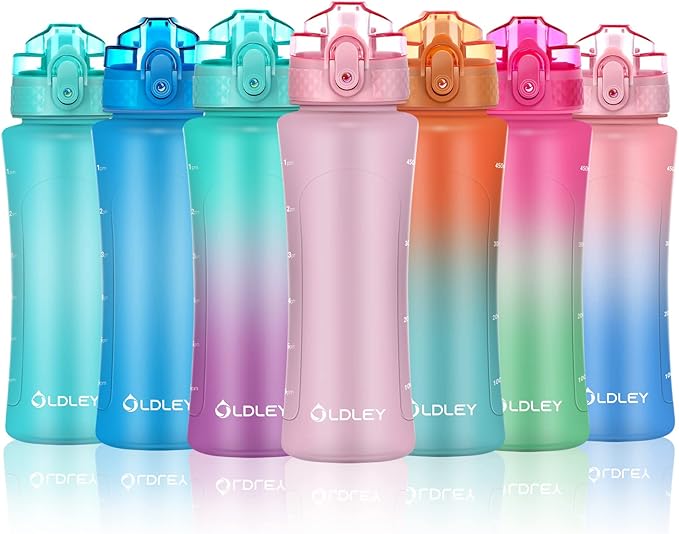 OLDLEY Kids Water Bottle with Straw 15 oz BPA-Free Leak-Proof Motivational Water Bottles with Time Marker for School Sports Travel Gym, Easy to Use for Girls Goys, 1 Straw Lid, Candy Pink