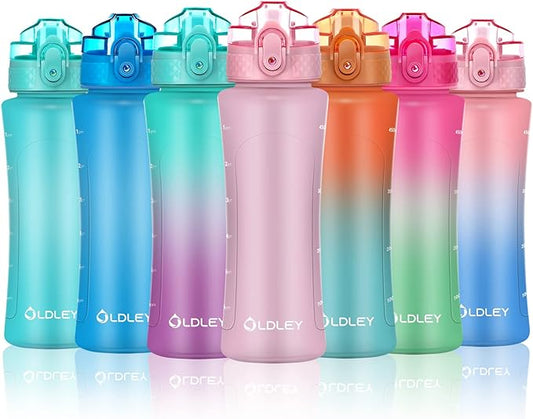 OLDLEY Kids Water Bottle with Straw 15 oz BPA-Free Leak-Proof Motivational Water Bottles with Time Marker for School Sports Travel Gym, Easy to Use for Girls Goys, 1 Straw Lid, Candy Pink