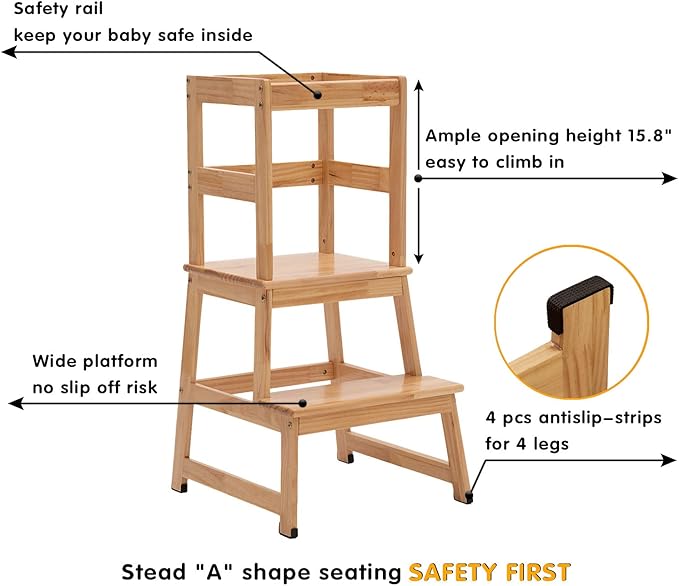 Kitchen Step Stool for Toddlers and Kids with Safety Rails for Kitchen Counter Solid Wood (Natural)