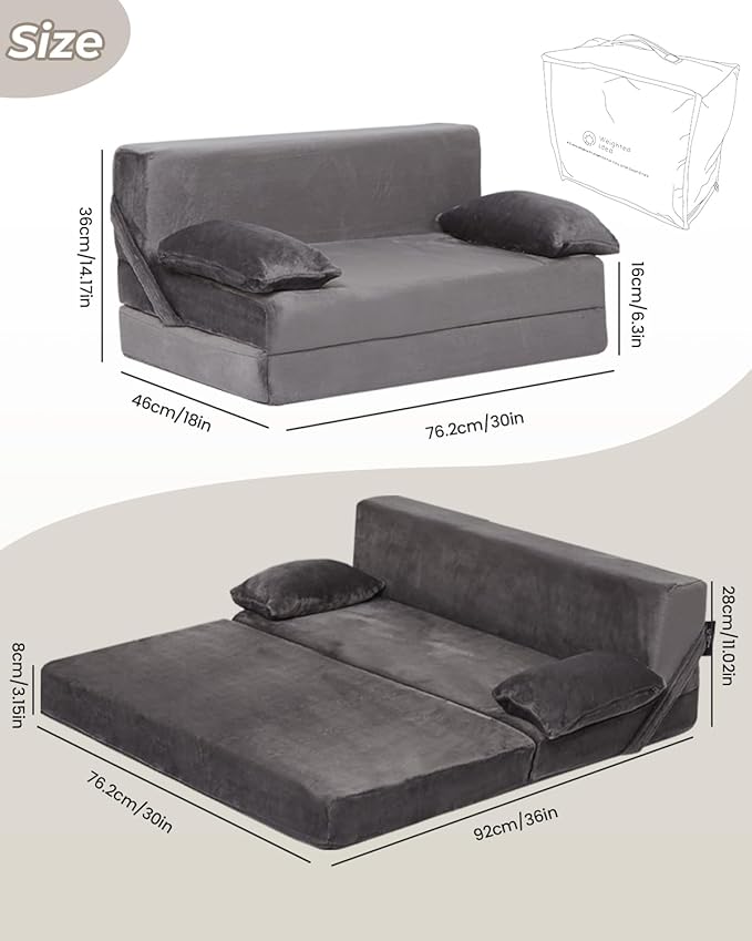 Weighted Idea 2-in-1 Kids Sofa Couch Fold Out for Girls and Boys, Folding Toddler Chairs Comfy Children Couch Baby Recliner, Convertible Sofa to Lounger for Reading Sleeping (Grey, 30x18x16 inches)