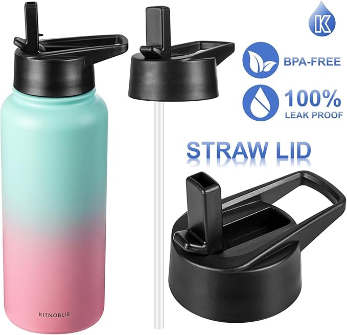 Water Bottle Insulated 32oz Straw Lid, Leak Proof, Vacuum Insulated,Stainless Steel Water Bottle Wide Mouth for Sports, Gym, BPA-Free Keep Cold 24H Hot 12H (Blue Pink)