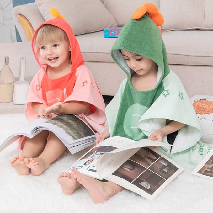 TONWHAR Kids Bath/Pool/Beach Hooded Poncho Towel-Cartoon Animal Pattern Cotton Beach Towel for Baby and Kids (Army Green Dinosaur, 1-4 Years/Height:33.4"-43.3")