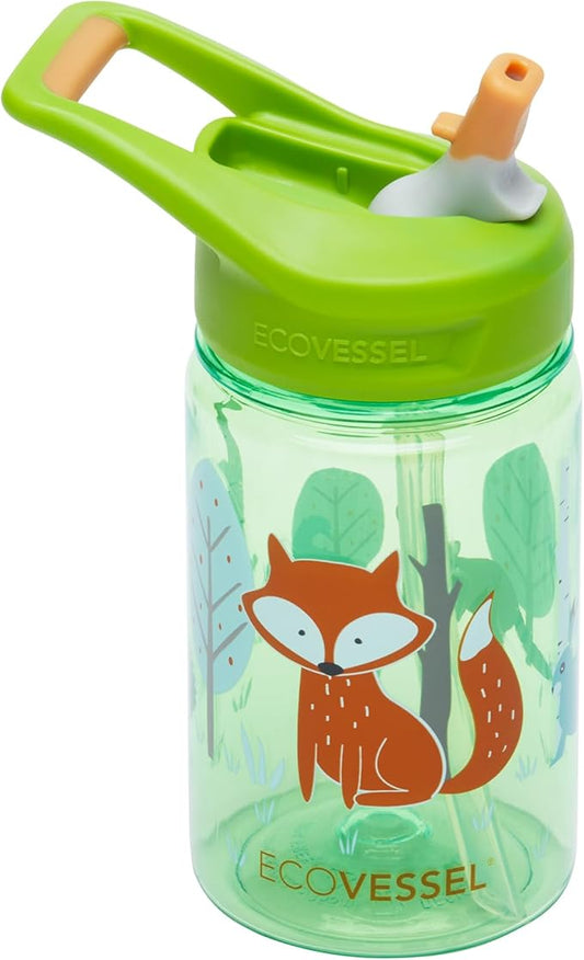 EcoVessel SPLASH Tritan Plastic Kids Water Bottle with Straw, Leak Proof Flip Top Lid, and Carry Handle Kids Cups Sports Water Bottle 12 oz (Fox)