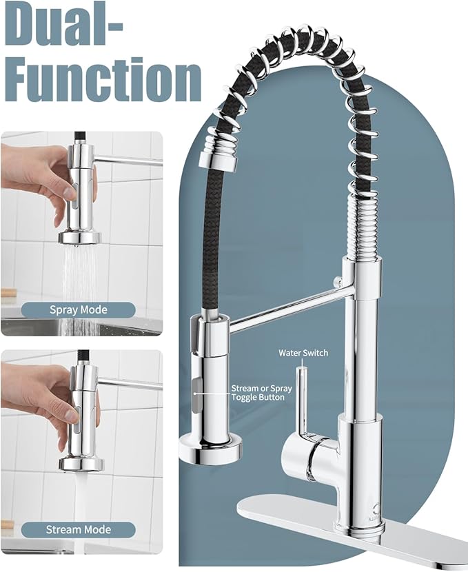 Kitchen Faucet,Chrome Kitchen Faucet with Soap Dispenser and Deck Plate,Faucet for Camper Farmhouse RV Kitchen Sink,Single Handle Stainless Steel Kitchen Sink Faucets with Pull Down Sprayer