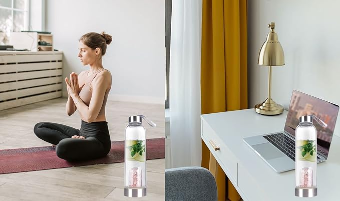 Crystal Glass Water Bottle, Glass Water Bottle with Changeable Natural Crystal Center, Quartz Gemstone Water Bottle for Natural