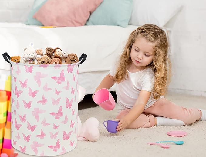 Butterfly Pink Laundry Hamper Girls Laundry Hamper Baby Laundry Basket Cute Toy Storage Bin Kids Hamper Butterfly Room Decor(Pink Butterfly)