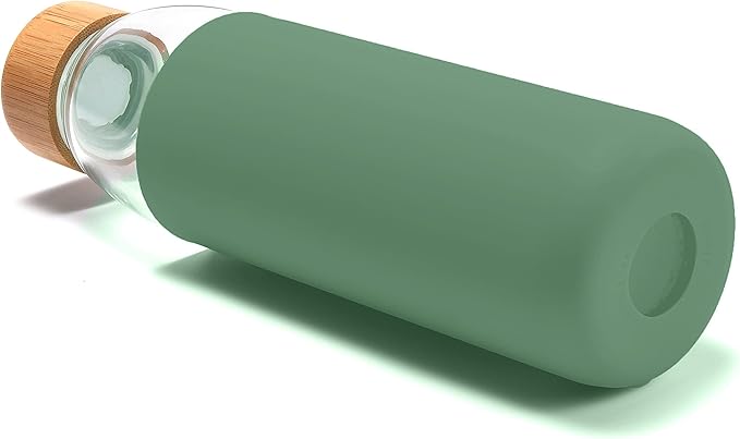 veegoal Glass Water Bottles 18 Oz Borosilicate with Bamboo Lid, BPA-FREE, Non-Slip Silicone Sleeve, and Stainless Steel Leak Proof Lid - Glass Water Bottle for Men and Women