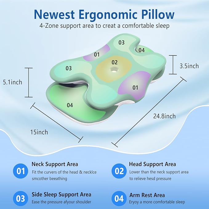 Cervical Neck Pillow for Pain Relief, Contour Memory Foam Pillow with Ice Silk Pillowcase, Neck Support Pillows, Ergonomic Orthopedic Pillow for Back, Side, Stomach Sleepers (Green)