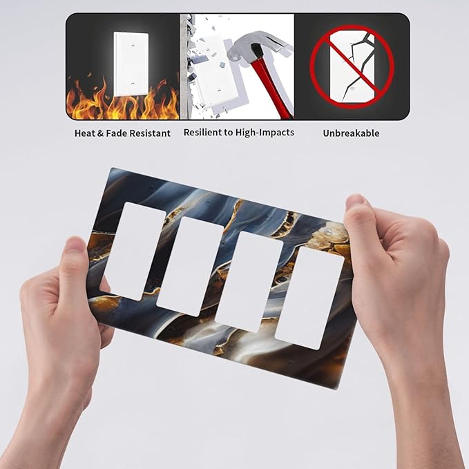 Gradient Abstract Ripple Blue Gold Marble Printed 4 Gang Rocker Decora Light Switch Cover Outlet Covers Wall Plate Decorative Switchplate Electrical Faceplate GFCI for Kitchen Bathroom Bedroom Decor