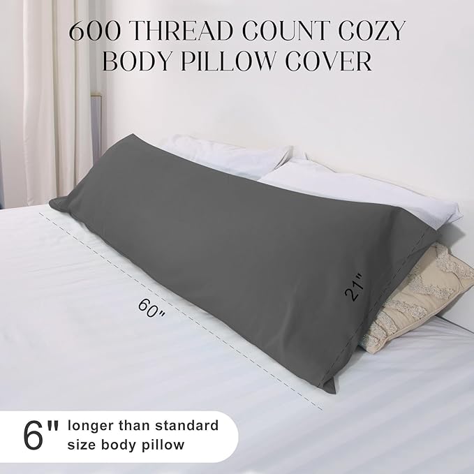 Soft Body Pillow Covers Pillowcases 60 x 21 Inch, WINKAURA Extra Large Pillow Cover for Bed Fits 54x20 Pillow, Envelope Closure, Stylish Wrinkle and Stain Resistant,Gray
