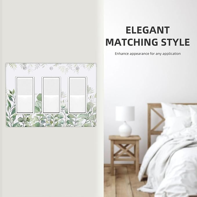 Green Eucalyptus Rustic Botanical Plant Leaves 3 Gang Rocker Boho Light Switch Covers Decorative Triple Outlet Wall Plate Cover Faceplate Decorative Switchplate GFCI for Country Bedroom Decor