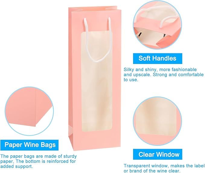 uxcell Wine Bags, 20pcs 4.92"x3.35"x14.2" Wine Gift Bags with Rope Handles, Paper Wine Tote Bag with Clear Window for Wedding Birthday Christmas Party Supplies, Pink