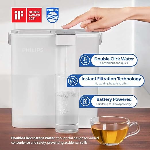 PHILIPS GoZero Next-gen Instant Water Filter Pitcher, Rechargeable Battery, Mirco-X Clean Technology, 3L 12 Cups, 1L/min Fast Flow, Countertop Filtered Water Purifier Jug for Tap Water, 3 Filter