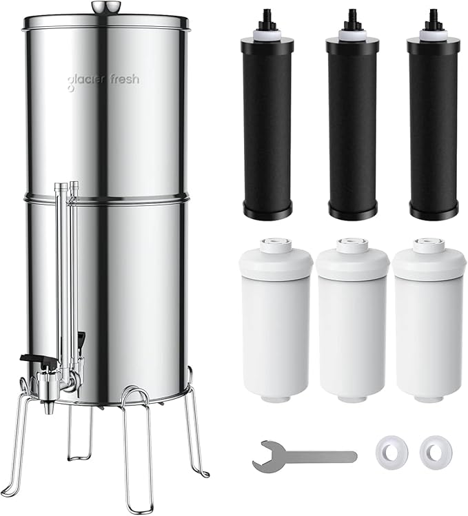 GLACIER FRESH Gravity-fed Water Filter System, Stainless Steel 3G Gravity Water Filter with 6 Filters, Metal Water Level Spigot, and Stand, for Home, Camping, and RVing