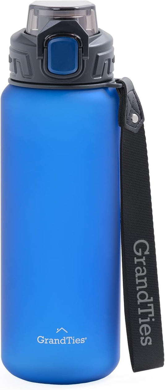 GRANDTIES Sports Tritan Plastic Water Bottle with Straw, Removable – Leakproof BPA Free Dishwasher Safe Travel Water Bottle with Strap for Gym, Outdoor, Fitness (Frosted Navy, 28oz (800mL))