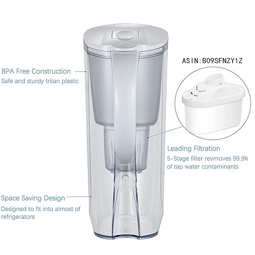Water Filter Pitchers for Drinking Water with Activated Carbon Filter,10 Cup 150 Gallon Filter Water Pitcher, BPA Free and Removes Fluoride, Chlorine, Lead, PFAS, PFOA