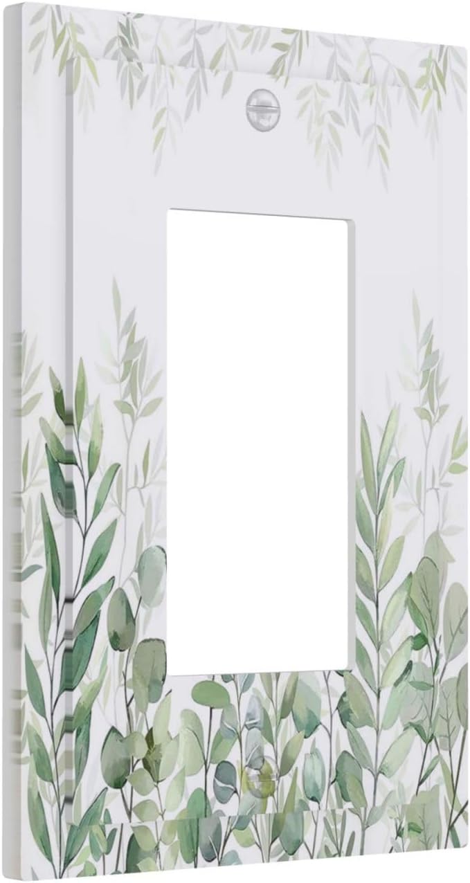 Green Eucalyptus Rustic Botanical Plant Leaves 1 Gang Rocker Boho Light Switch Covers Decorative Single Decora Outlet Wall Plate Faceplate Switchplate GFCI for Country Bedroom Bathroom Decor