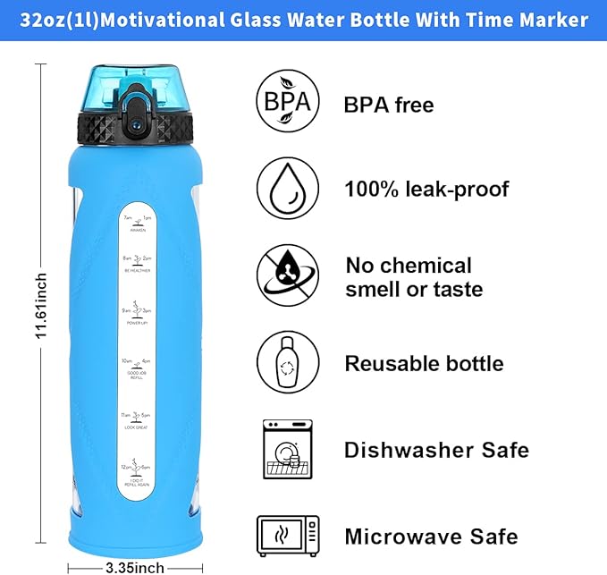 GOPPUS Glass Water Bottles with Straw and Flip Lid, Motivational Water Bottles with Time Marker Reminder and Silicone Sleeve, Leakproof, BPA Free (32 oz, Blue)