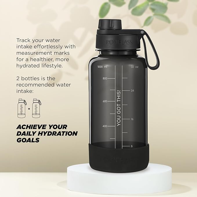 IRON °FLASK Clear Tritan Trekker Water Bottle with Chug Lid & Rubber Boot - Leak Proof & Lightweight for Gym, Hiking, Sports - Dishwasher Safe, BPA Free Plastic - Black, 32 Oz