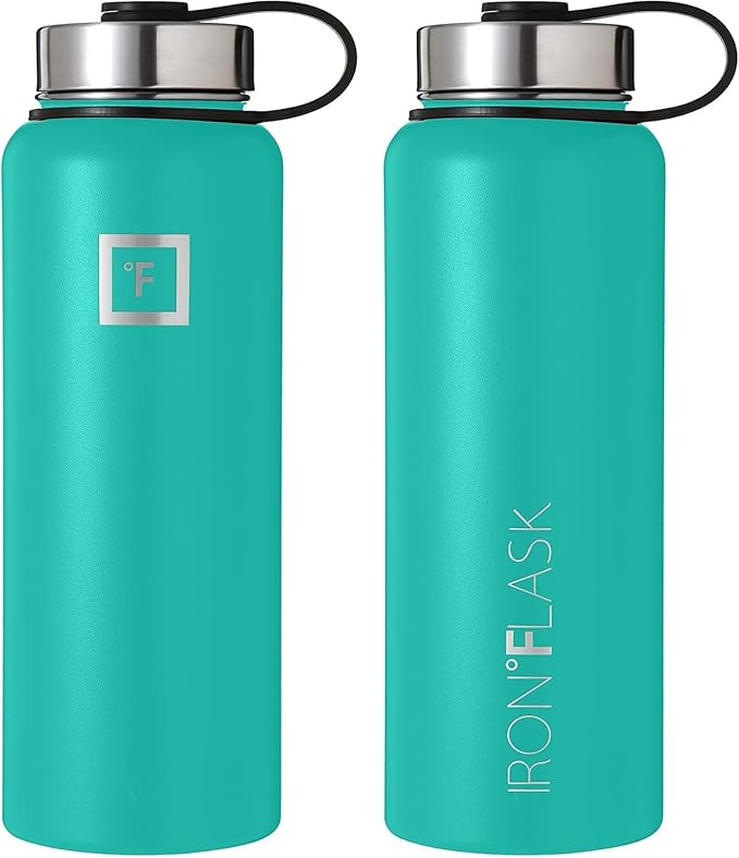 IRON °FLASK Sports Water Bottle - Wide Mouth with 3 Spout Lids - Stainless Steel Gym & Outdoor Bottles for Men, Women & Kids - Double Walled, Insulated Thermos, Metal Canteen - Aquamarine, 40 Oz