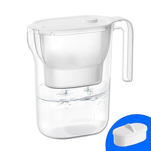 Waterdrop 200-Gallon Long-Life Water Filter Pitcher, NSF Certified Water Purifier, Replaces 6,400 Plastic Water Bottles a Year, Reduces Chlorine, PFOA/PFOS, 7-Cup, White