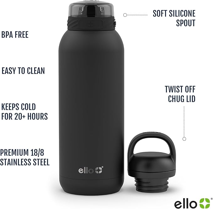 Ello Cooper 40oz Stainless Steel Water Bottle with 2 Lids Chug and Straw | Leak Proof | Double Walled and Vacuum Insulated | Built in Carry Loop | Dishwasher Safe | Halogen Blue